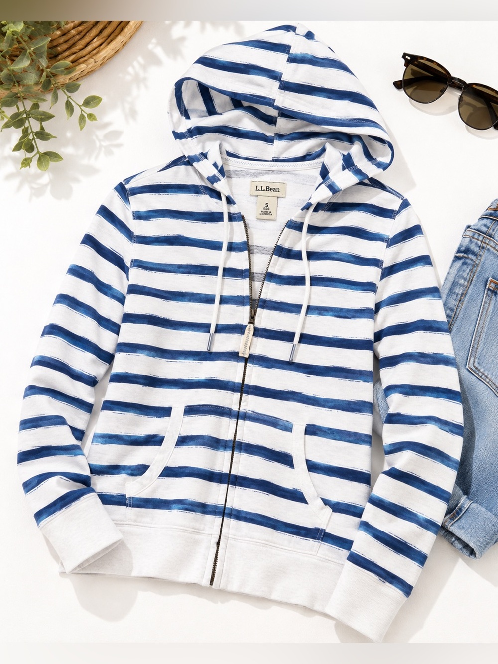 L.L.Bean Organic Cotton Striped Zip Hoodie S Coastal Preppy